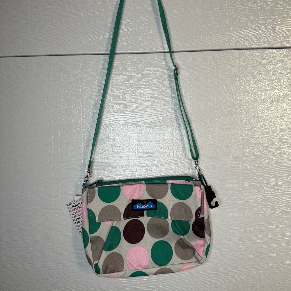 New Kavu Captain Clutch Sweet Dots Crossbody Purse Green Polka Dots